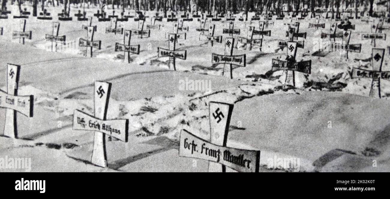 graves for German soldiers killed in the retreat of the Nazi army from Moscow. December 1941 Stock Photo