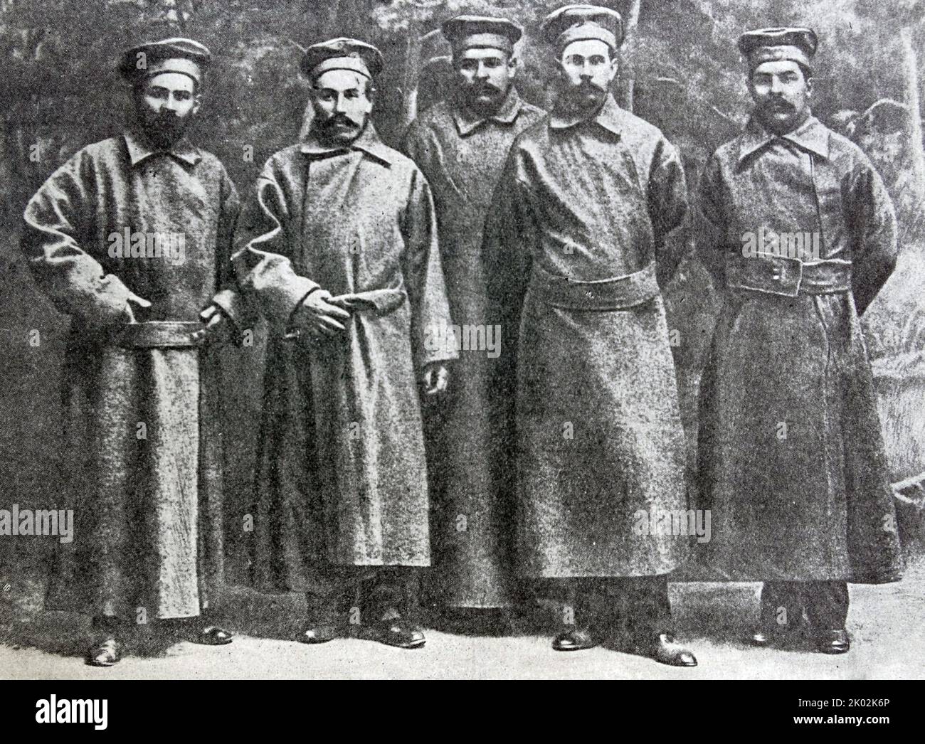 Bolsheviks, deputies of the fourth State Duma, in exile (from left to right): G.I. Petrovsky, M.K. Muranov, A.E. Badayev, F.P. Samoilov, N.R. Shagov. Stock Photo