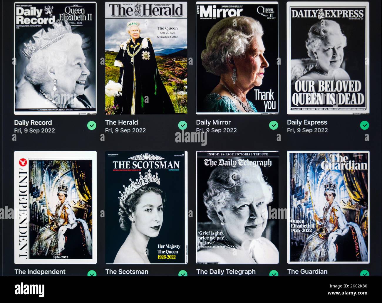 United Kingdom, September 9th 2022. Her Majesty Queen Elizabeth II death is reported across the front pages of UK newspapers with a portrait of the Queen on every front cover seen on an iPad screen. Credit: Sally Anderson/Alamy Live News Stock Photo
