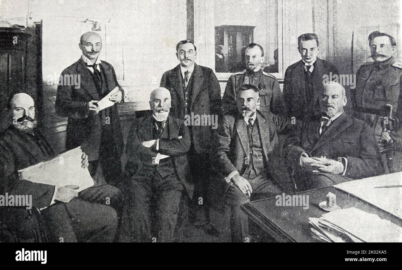 Members of the Provisional Committee of the State Duma. Sitting (from left to right): V.N. Lvov, V.A. Rzhevsky, S.V. Shidlovsky, M.V. Rodzianko. Stand: V.V. Shulgin, I.I. Dmitriukov, B.A. Engelhardt (commandant of the Petrograd garrison), A.F. Kerensky, M.A. Karaulov. Stock Photo