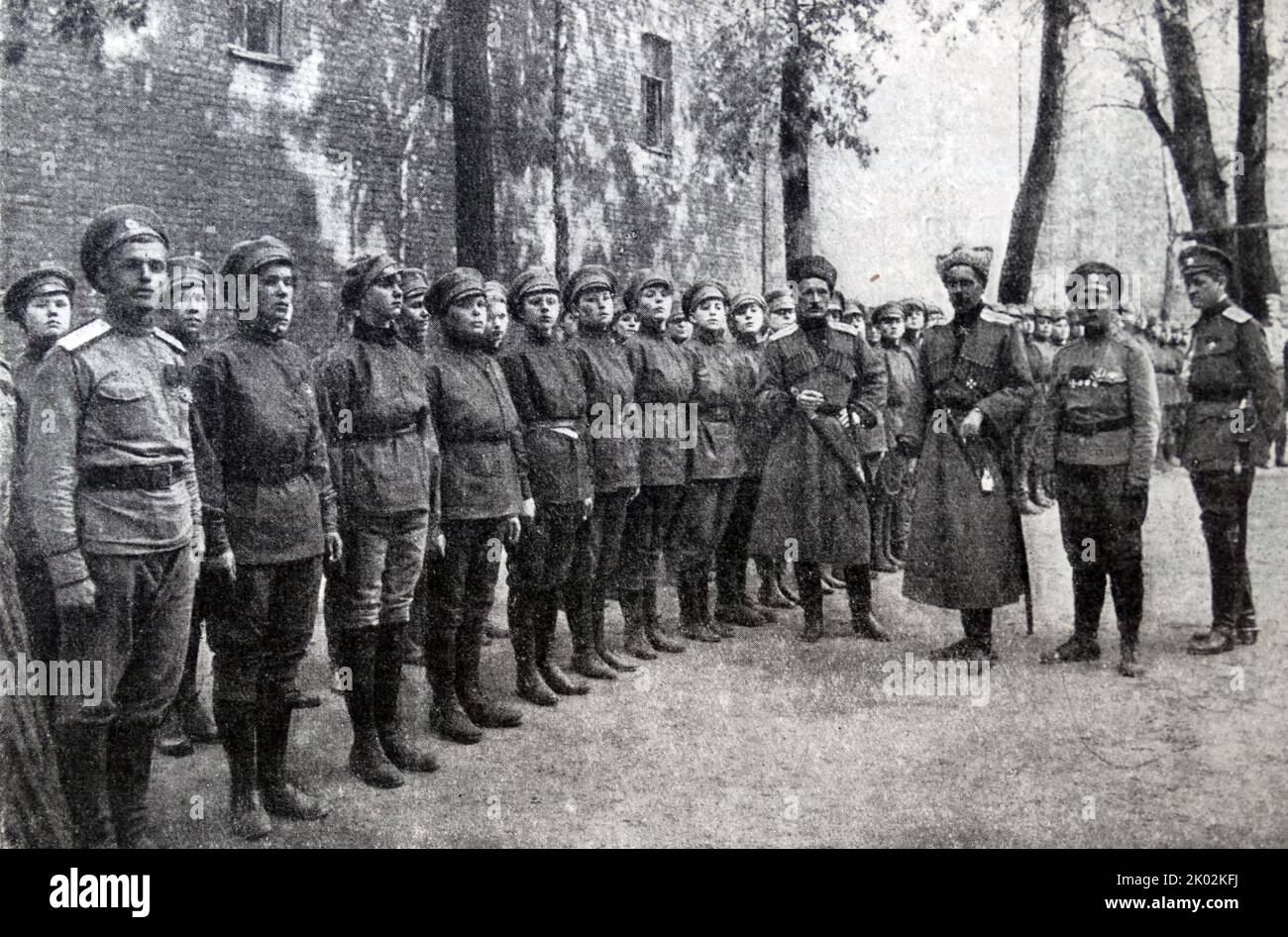 Women's Battalions (Russia) were all-female combat units formed after the February Revolution by the Russian Provisional Government, in a last-ditch effort to inspire the mass of war-weary soldiers to continue fighting in World War I. Stock Photo