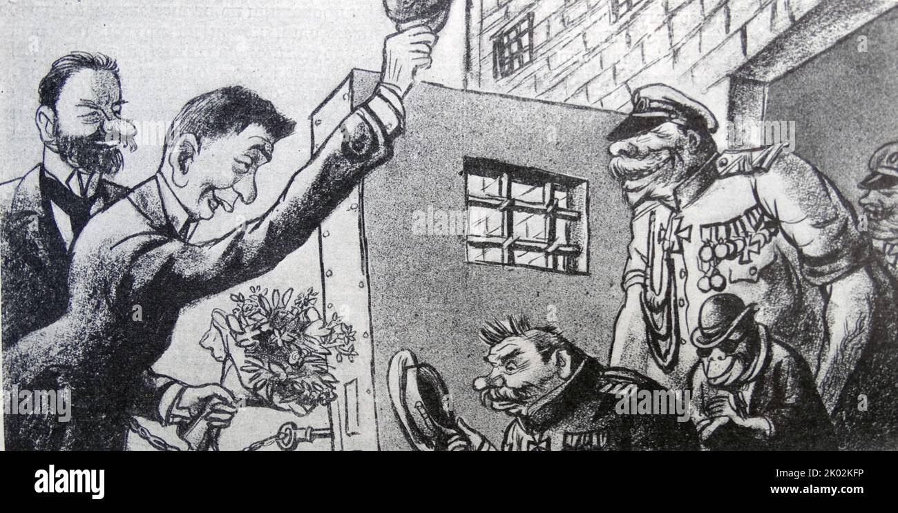 Cartoon depicting the first act of the Provisional Government in Turkestan was the decree of March 18, 1917 an amnesty for the executioners of the Kyrgyz uprising of 1916. Jailbirds of Kerensky was the term used during the Russian Revolution for people who were released from Russian jails on amnesty. A total of three amnesties were enacted by Russian Minister of Justice Alexander Kerensky in 1917. Stock Photo