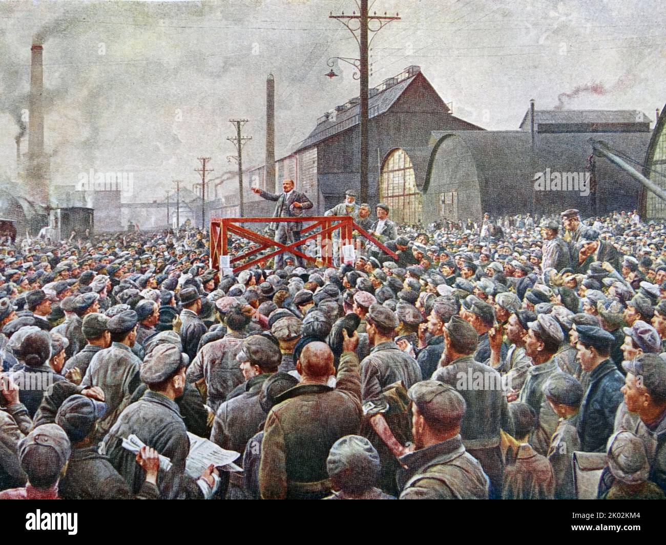 Lenin's speech at a meeting of workers at the Putilov plant in May 1917 Petrograd. Painting I.I. Brodsky Stock Photo