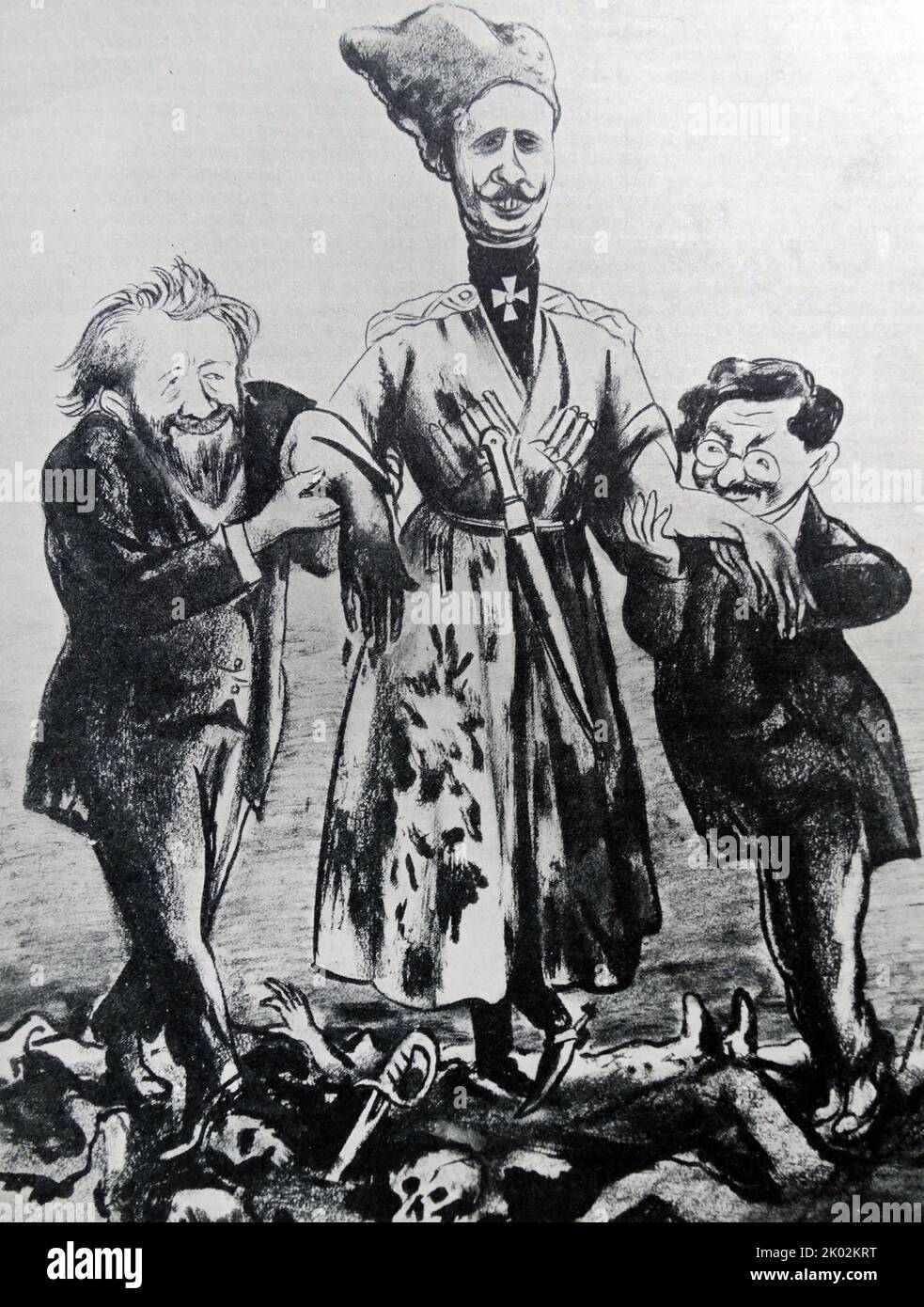 To help General Polovtsov to restore and support the revolutionary order in Petrograd, the Compromisers assigned two Social Revolutionaries -- Avksentiev and Gots. Caricature by Kukryniksy. Pyotr Polovtsov 1874 - , 1964); Russian military leader, military orientalist, lieutenant general , author of a number of military oriental studies. Stock Photo