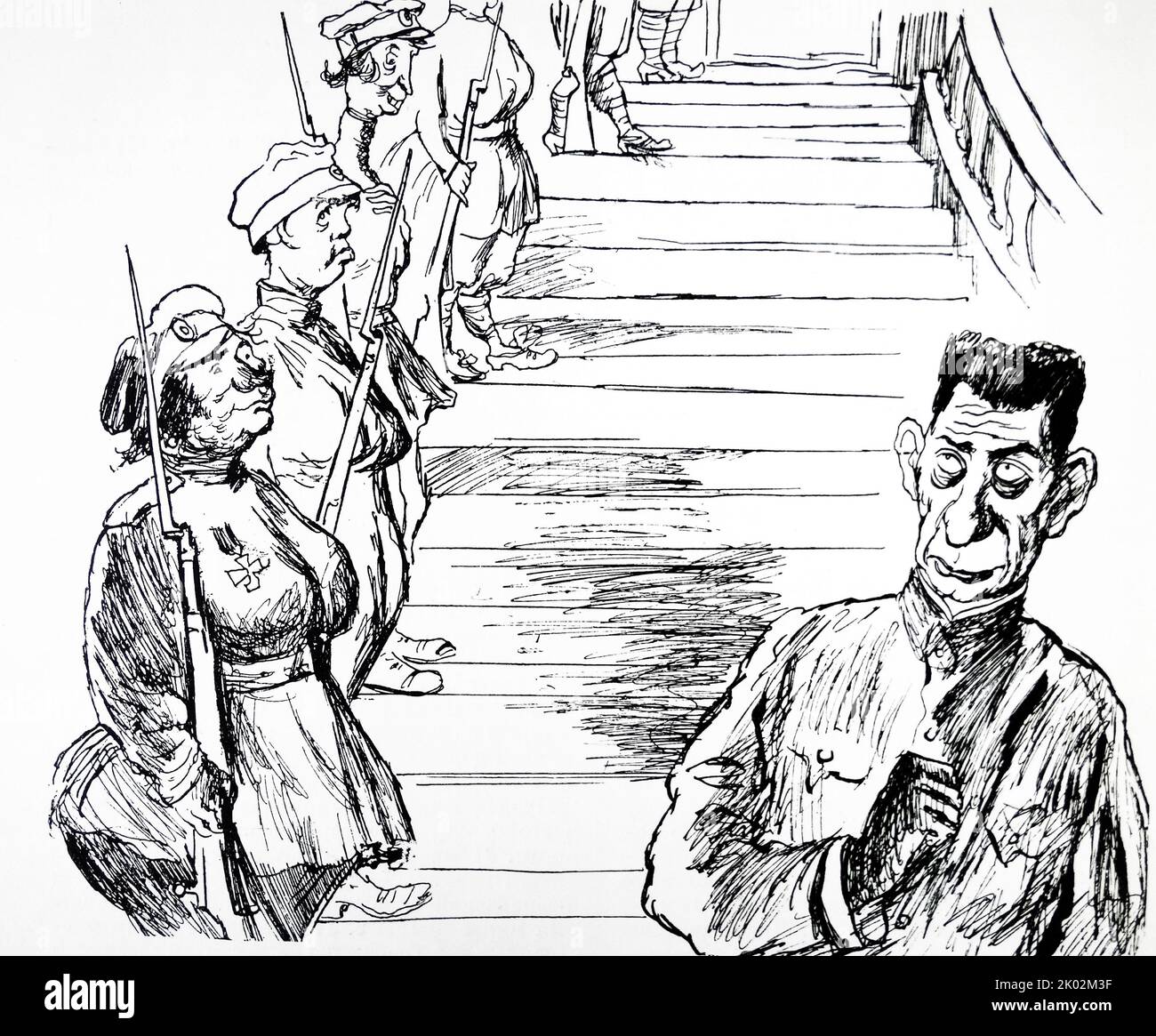 Kerensky conducting a review of the female fighting forces of the counter-revolution. Caricature by Kukryniksy. Stock Photo