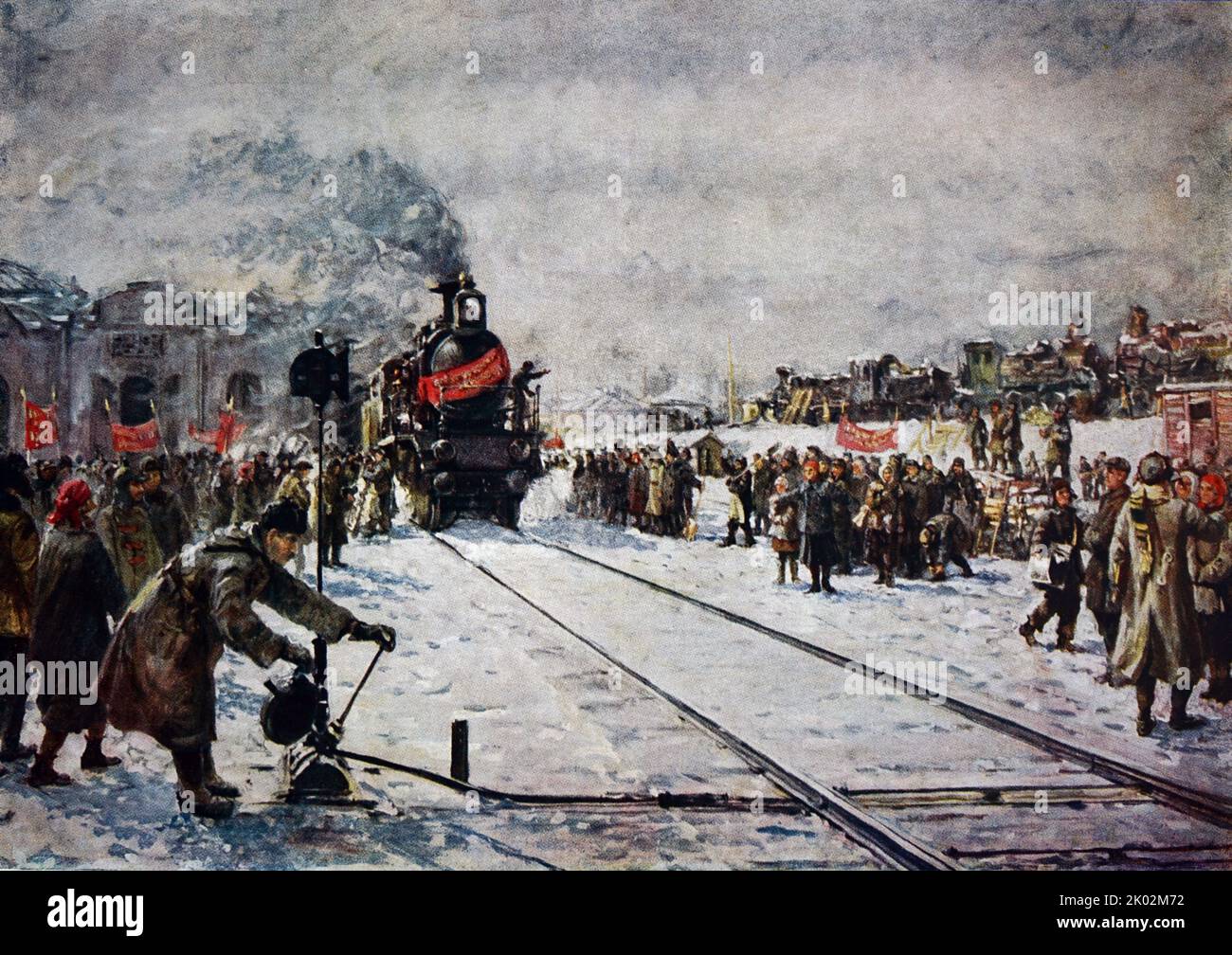 Restoration of railway transport. (From a picture by N. B. Terpsikhorov). Stock Photo