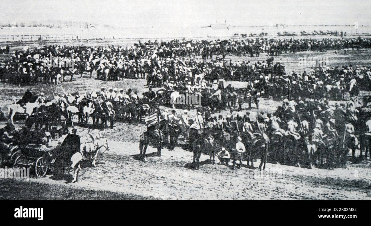 Units of the 1st Cavalry Army are preparing to move to the Southwestern Front. Maykop. 1920. Photo. Stock Photo