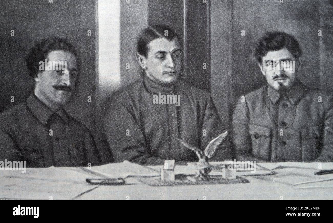 Revolutionary Military Council of the Caucasian Front. From left to right: G.K. Ordzhonikidze, M.N. Tukhachevsky, V.A. Trifonov. (Photo.). Stock Photo