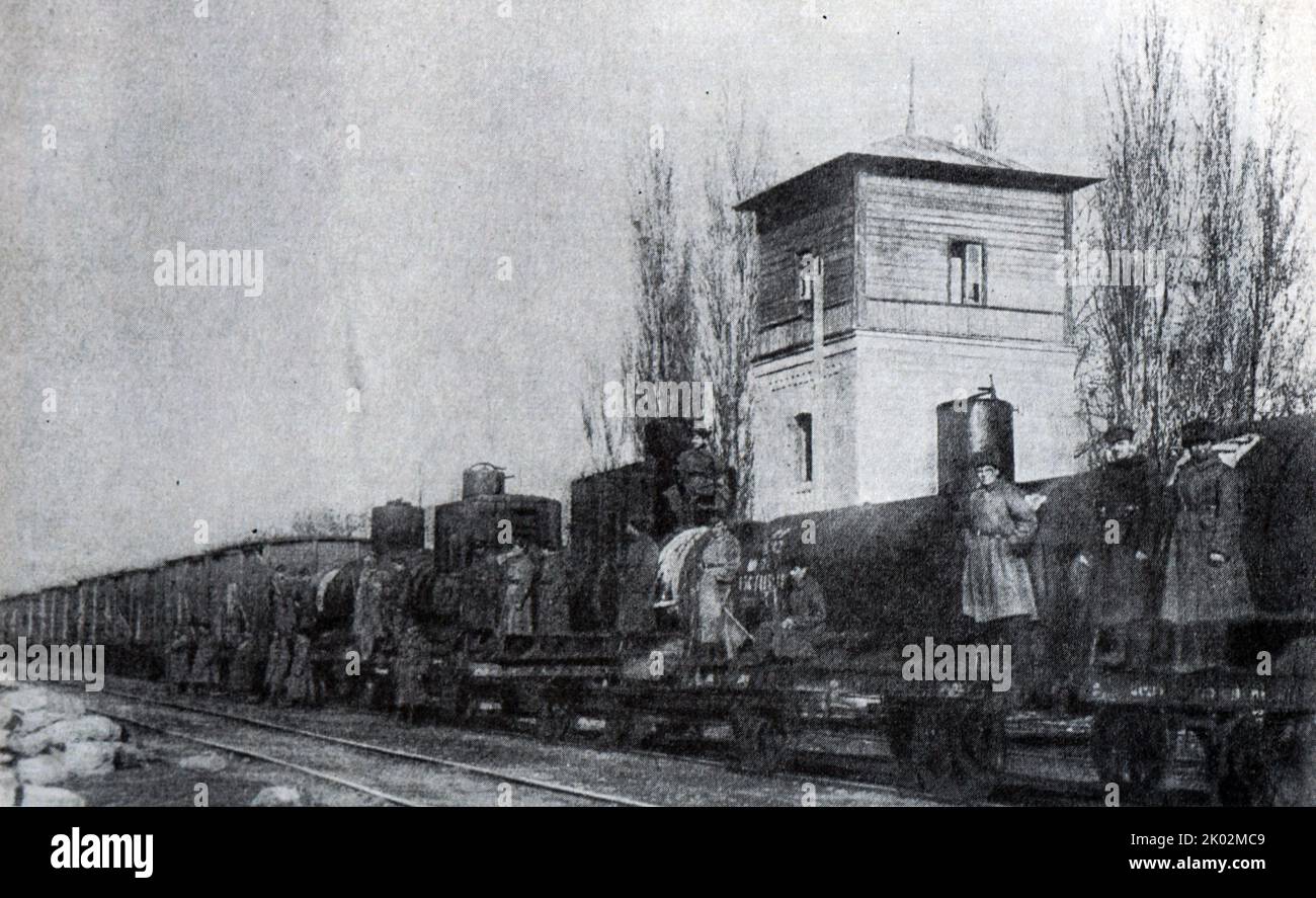 A train with food and oil sent by the 11th Army as a gift to the working people of Armenia. 1920. (Photo). Stock Photo