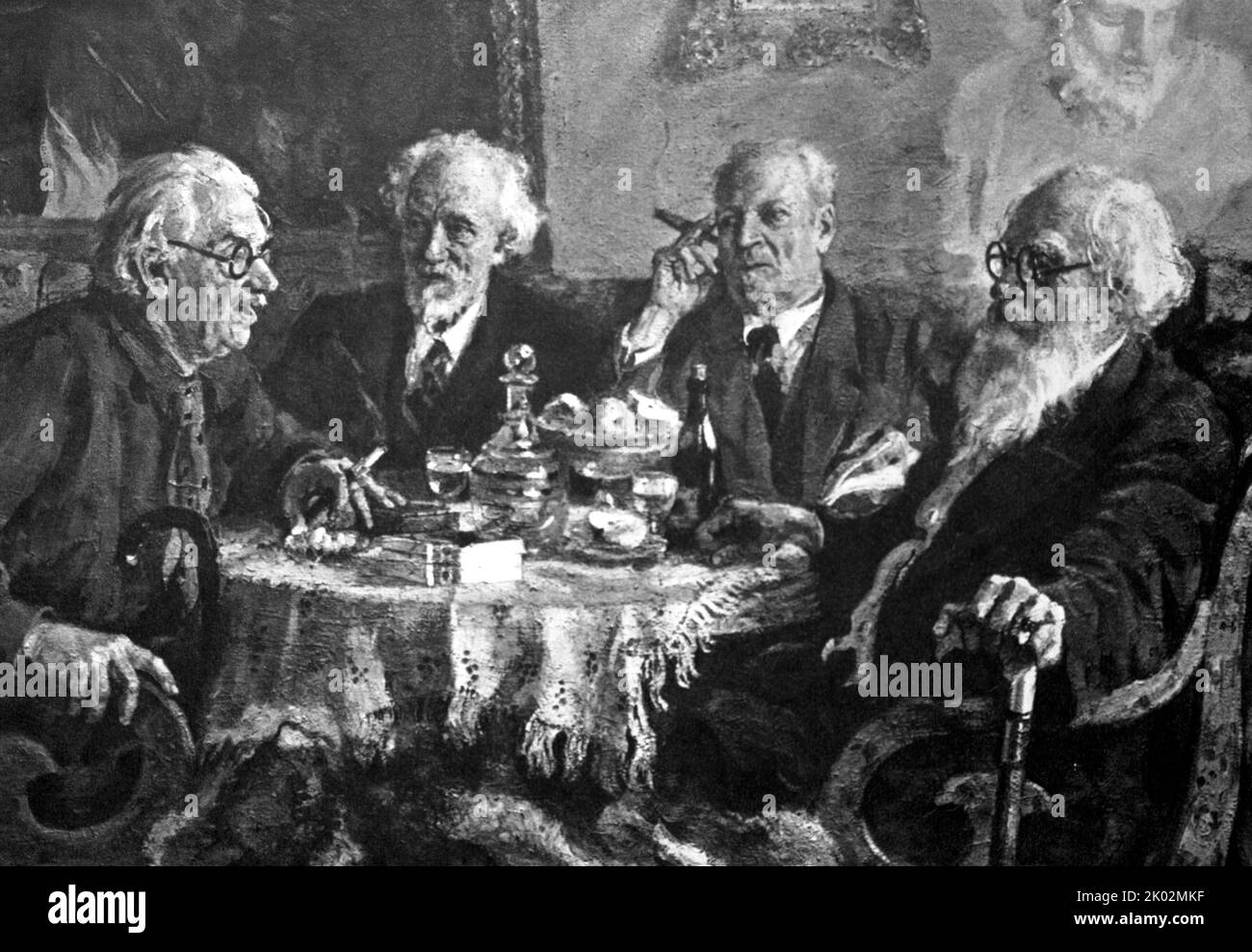 Group portrait of the oldest artists: I.N. Pavlov, V.N. Baksheev, V.K. Bialynitsky-Birul and V.N. Meshkov. By A.M. Gerasimov. Stock Photo