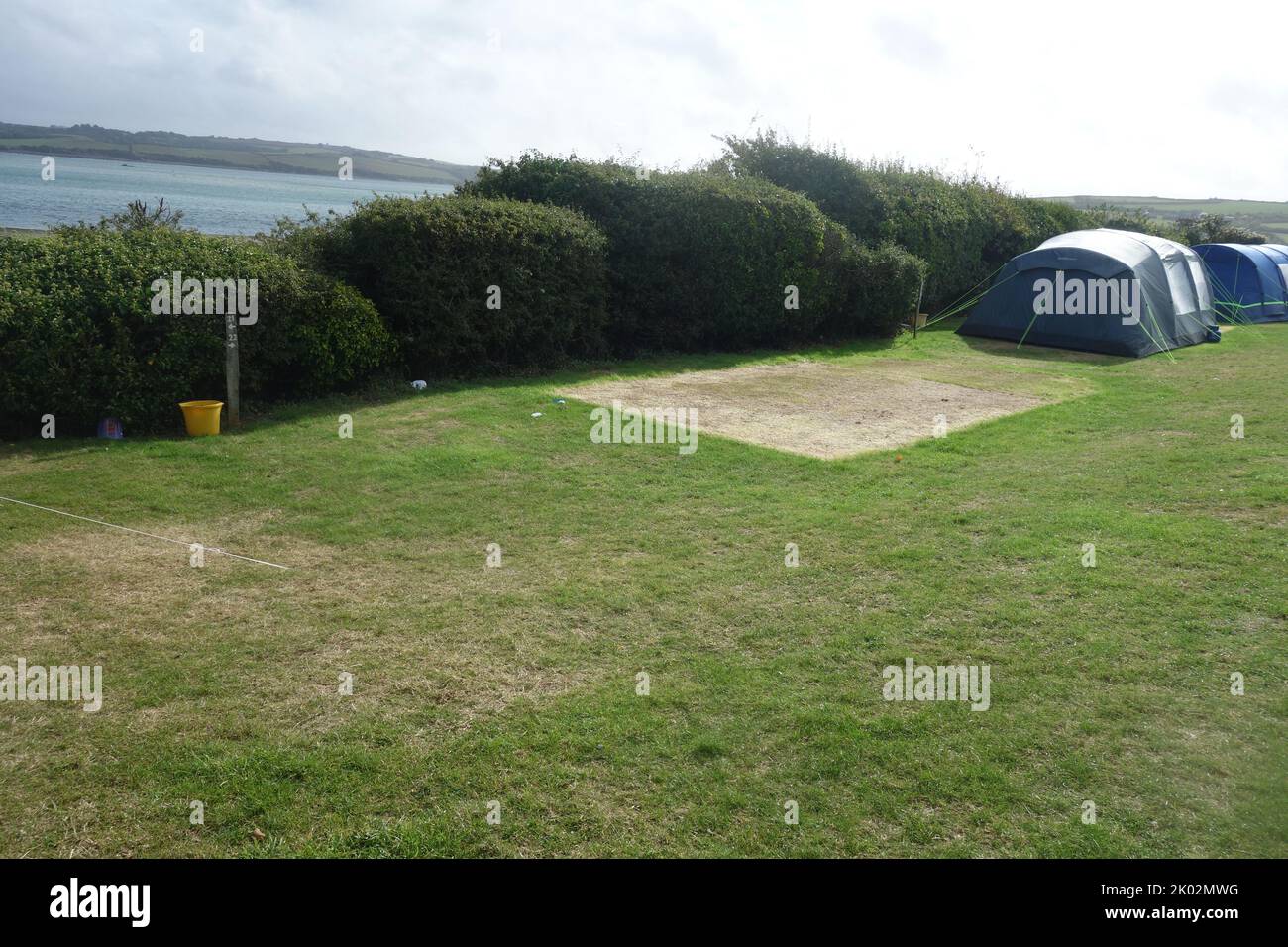Parched Grass where tent was pitched, Dennis Cove Campsite, Padstow, Cornwall, UK Stock Photo