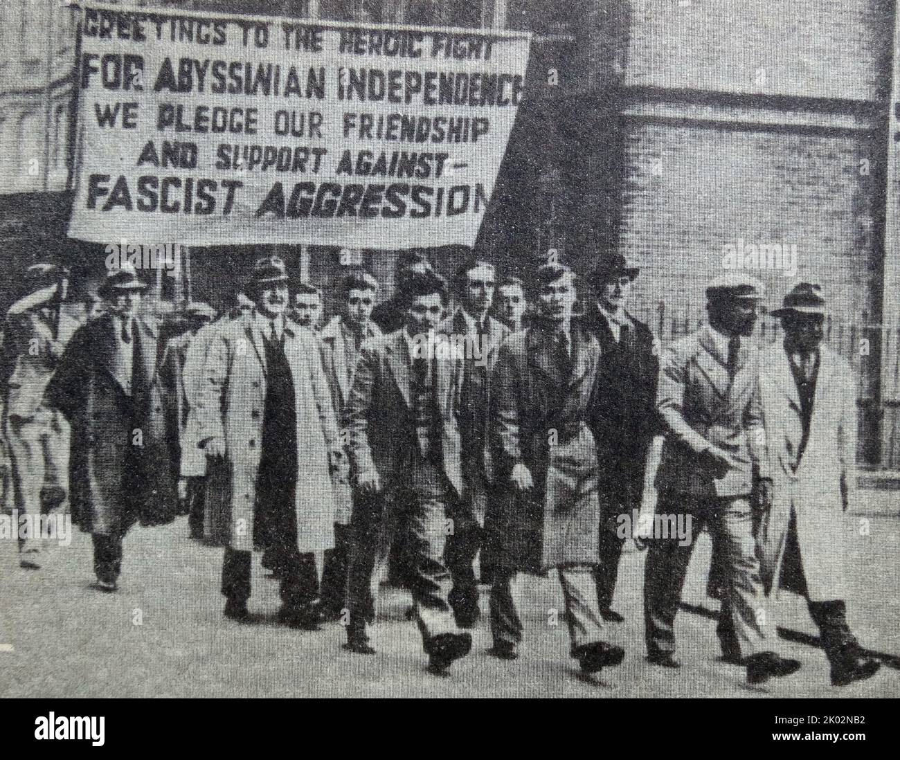 Workers in England at a protest against the Italian fascist attack on Ethiopia. London. 1935. Stock Photo