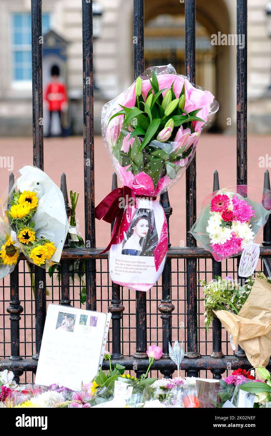 Buckingham Palace, London, UK – Friday 9th September 2022 – A soldier stands guard behind the railings at Buckingham Palace which are now covered in flowers from the public as Britain mourns the death of Queen Elizabeth II yesterday. Photo Steven May / Alamy Live News Stock Photo