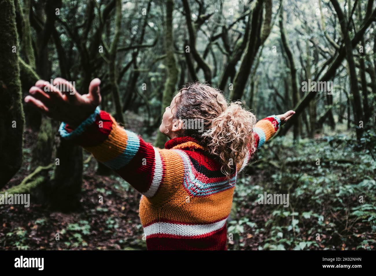 Back view of joyful woman with arms up standing in the deep forest. Nature environment activist people. Love for forest and natural places. Save Our planet earth. Sustainable future for all the people Stock Photo