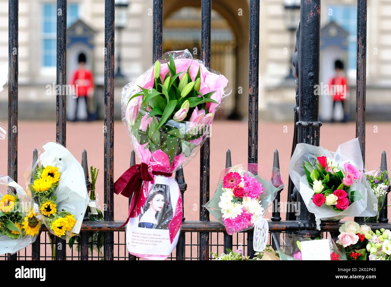 Buckingham Palace, London, UK – Friday 9th September 2022 – Soldiers stand guard behind the railings at Buckingham Palace which are now covered in flowers from the public as Britain mourns the death of Queen Elizabeth II. Photo Steven May / Alamy Live News Stock Photo