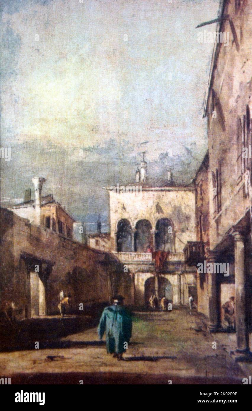 Venetian courtyard. Oil. F. Guardi. 1770s. Francesco Lazzaro Guardi (1712 - 1793) was an Italian painter, nobleman, and a member of the Venetian School. Stock Photo