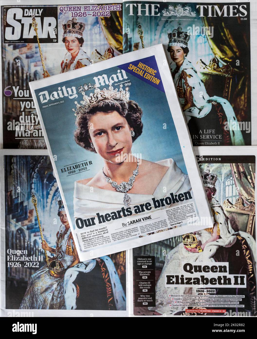 9 September 2022.  A selection of newspaper front pages, following the death of the queen the previous day. Stock Photo