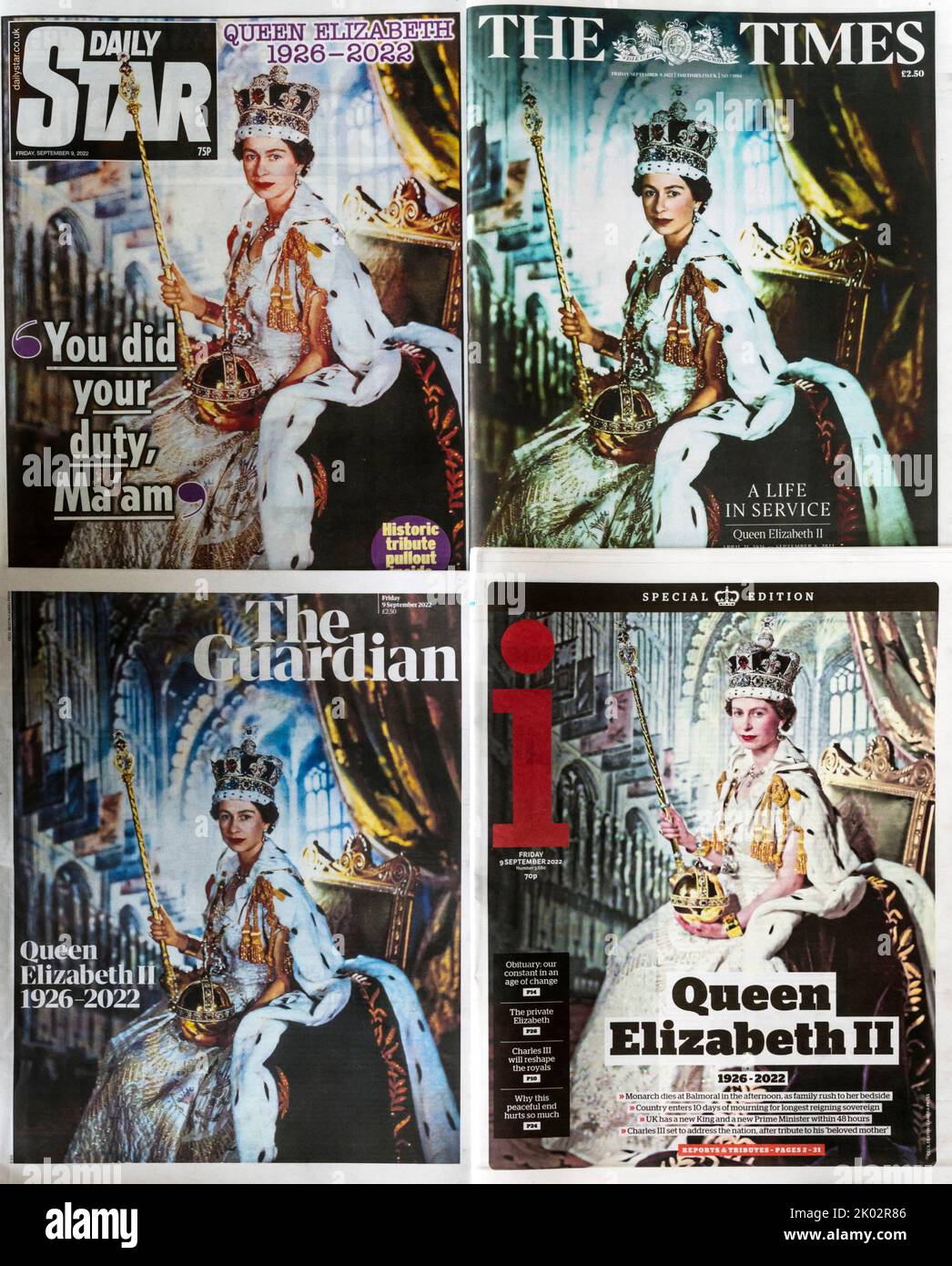 9 September 2022.  Front pages of the Daily Star, The Times, The Guardian and i newspapers, following the death of the Queen the previous day. Stock Photo