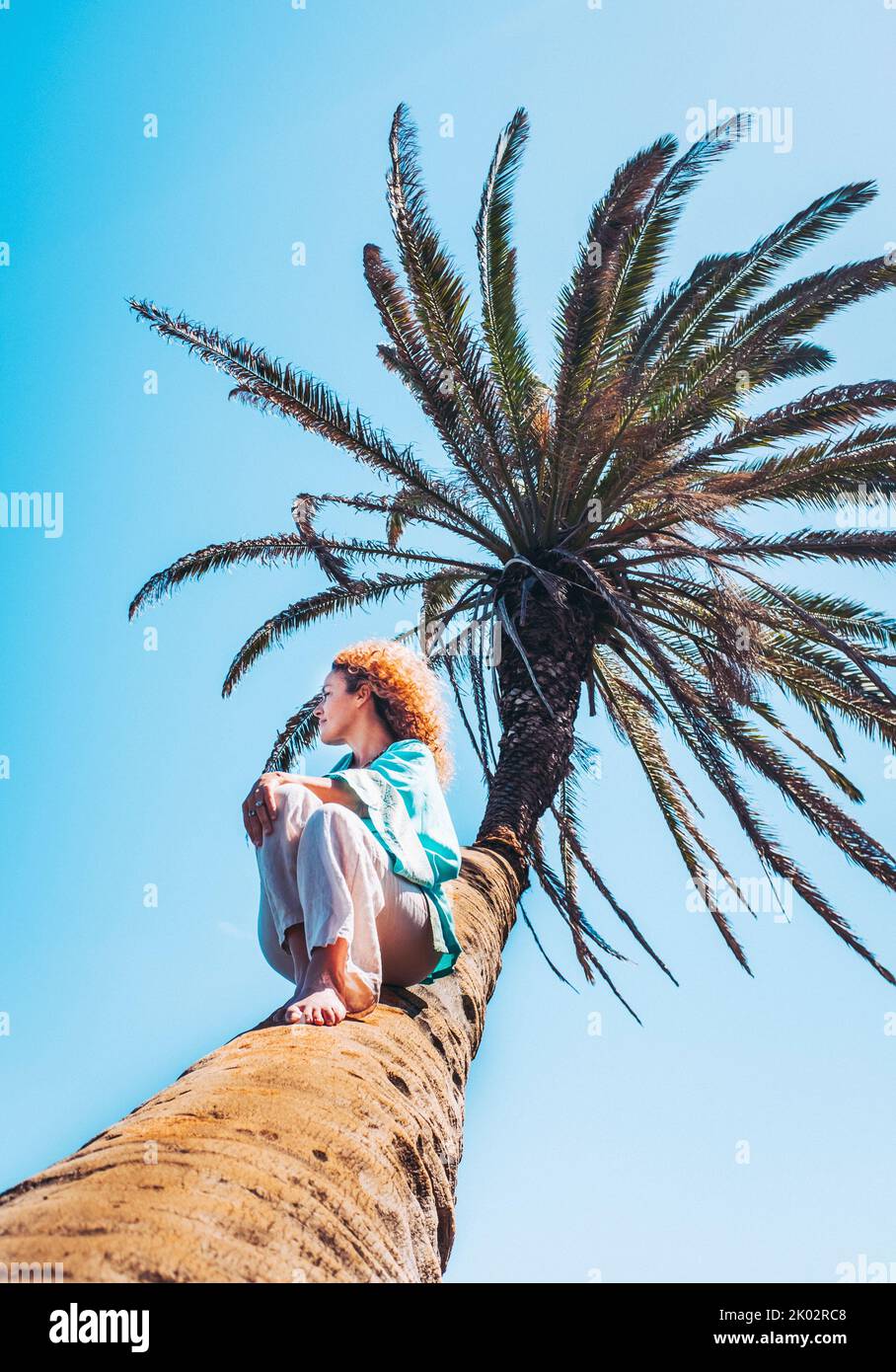 Woman tourist sitting on a palm tree enjoying sun and freedom. Tropical destination for people and summer travel holiday vacation. Female lady relaxing in tourism leisure activity Stock Photo