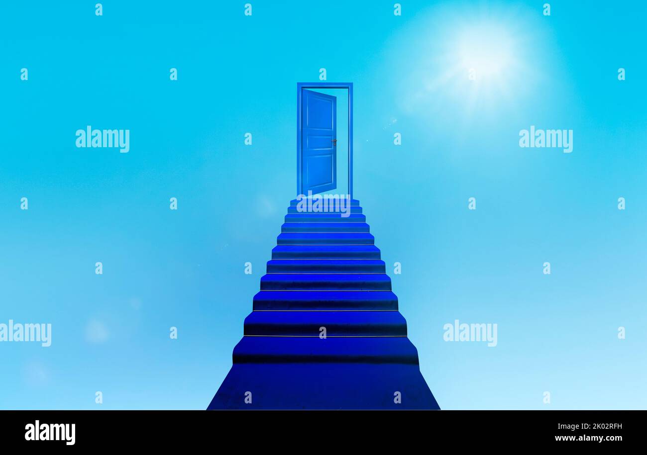 Blue steps and blue door to heaven Stock Photo