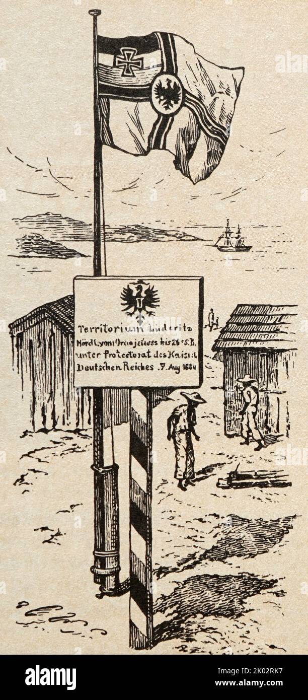 The first territory captured in South-West Africa in 1883-1884 by the commissioners of the Bremen merchant Luderitz. The inscription under the emblem of Germany indicates that the territory is under the auspices of German troops. Stock Photo