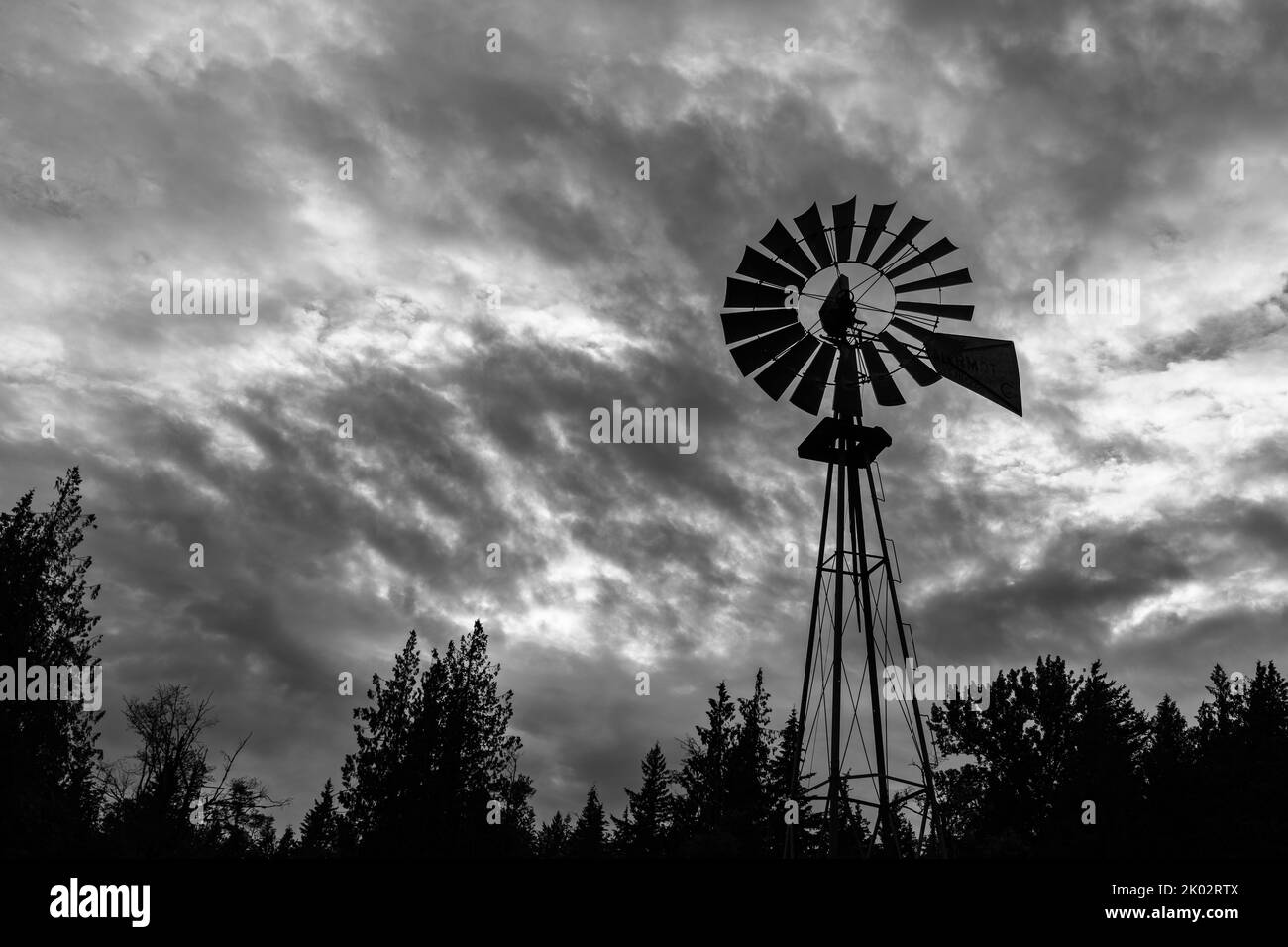 A grayscale shot of old windmil and tree tops on cloudy sunset sky background Stock Photo