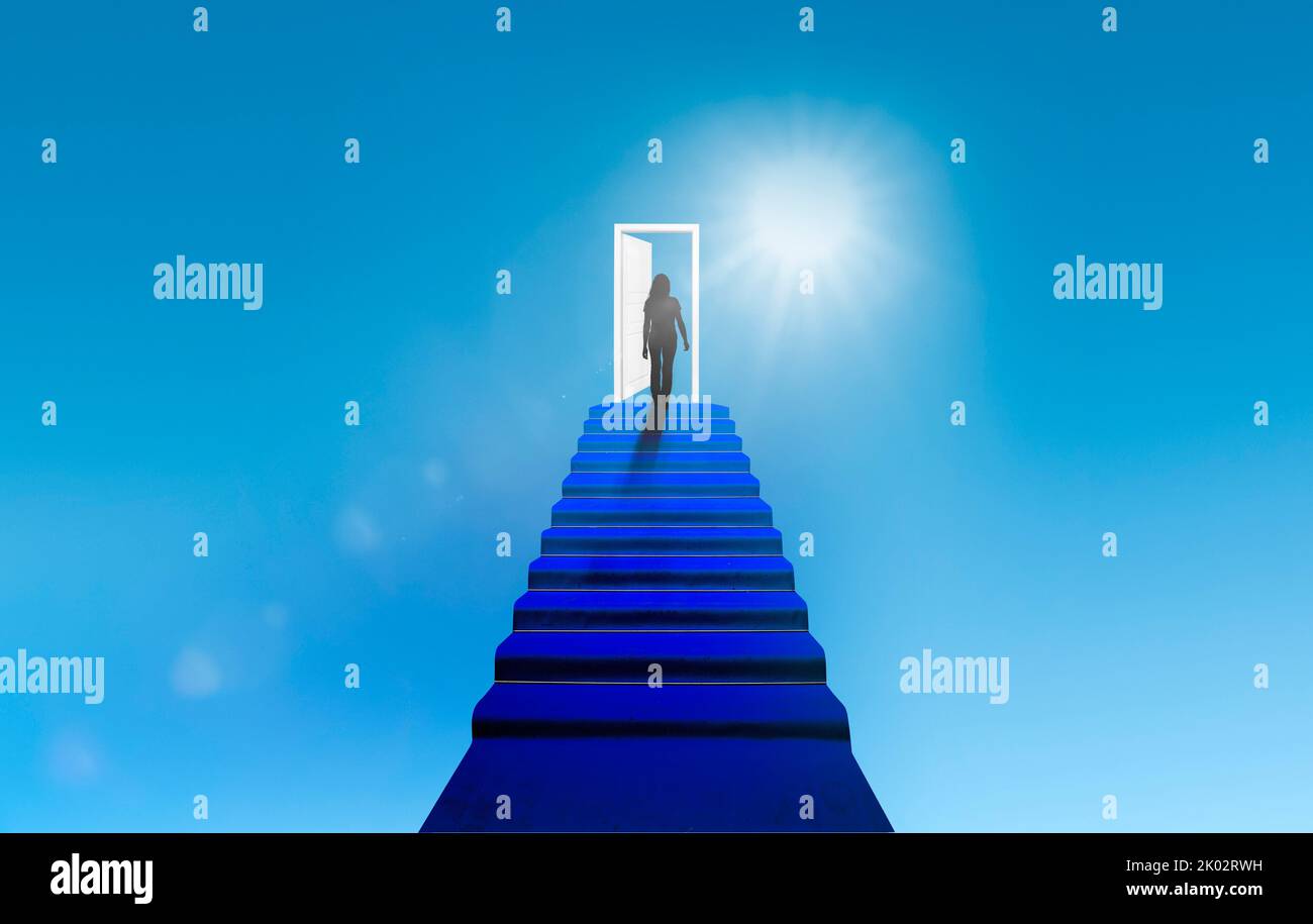 Blue steps and blue door to heaven Stock Photo