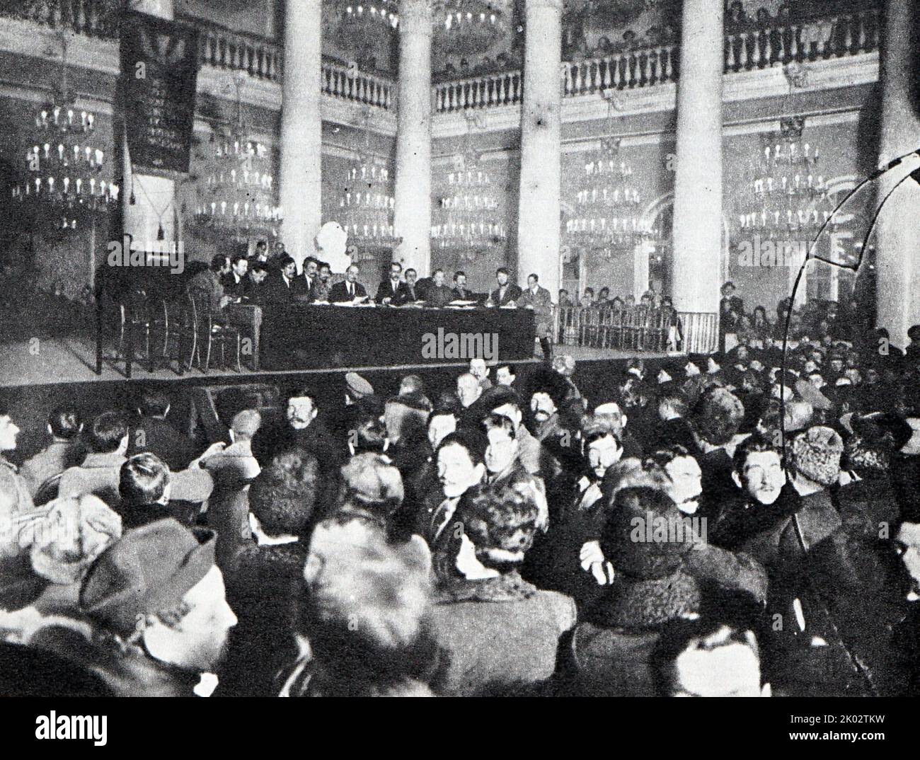 Lenin V. I. , Sverdlov Ya. M. , on the presidium of the first All-Russian Congress of Land Departments, Committees of the Poor and Agricultural Communes in the Column Hall of the House of Unions. 1918, December 11. Moscow. Stock Photo