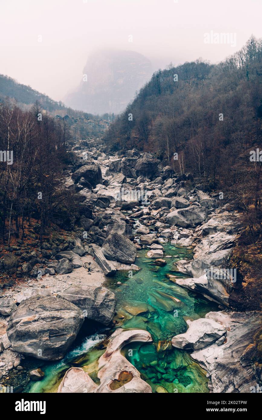 Rocks and river in Verzasca Valley, Ticino, Switzerland Stock Photo