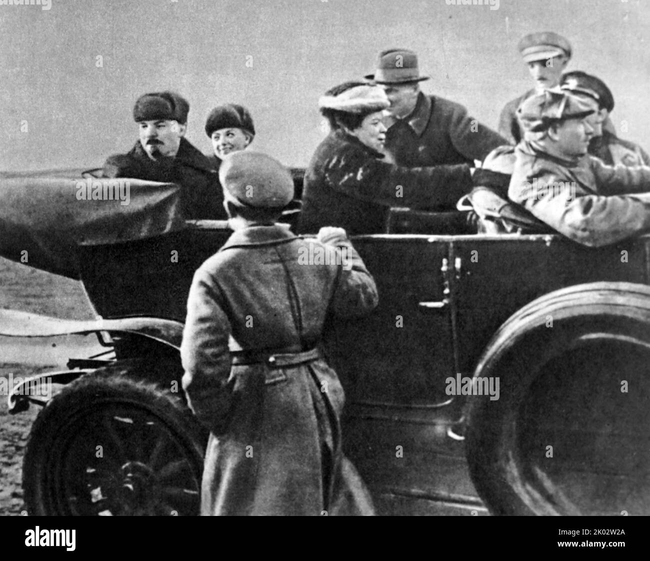 Vladimir Lenin, N. K. Krupskaya and M. I. Ulyanov before leaving Khodynskoye field after the military parade. Moscow, May 1, 1918. Photo by P. Novitsky. Stock Photo