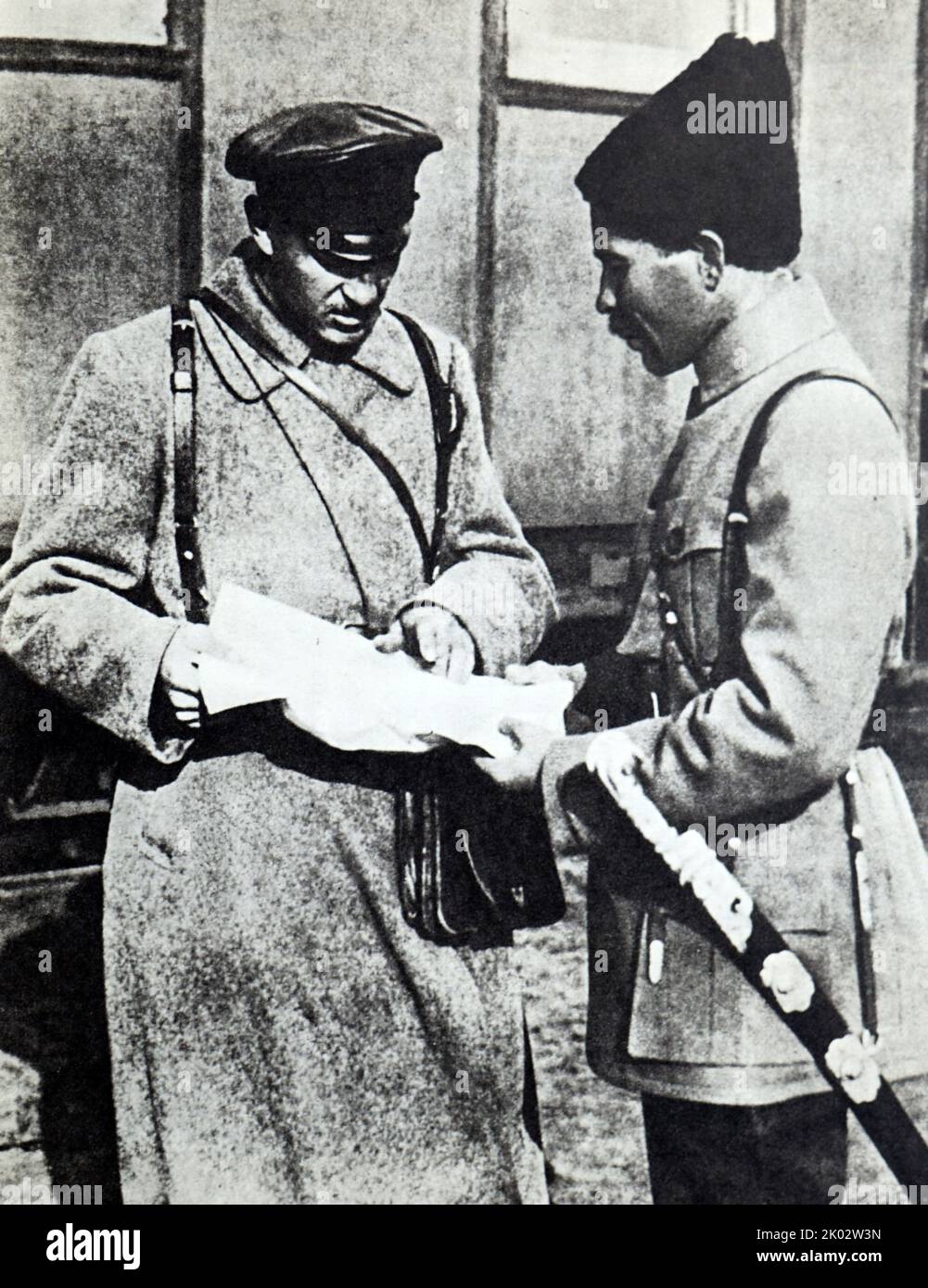 The chiefs of the 22nd and 25th divisions S. P. Zakharov and V. I. Chapaev on the Eastern Front. 1919 year. Photo by P. Ermolov. Stock Photo