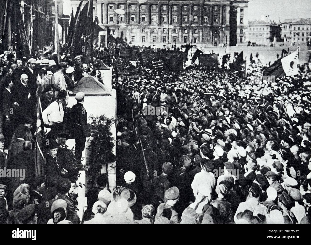 Vladimir Lenin delivers a speech at a meeting dedicated to the laying of the monument to K. Liebknecht and R. Luxemburg on the Palace Square. 1920, July 19. Petrograd. Original. Photographer - Bulla V. K. Stock Photo