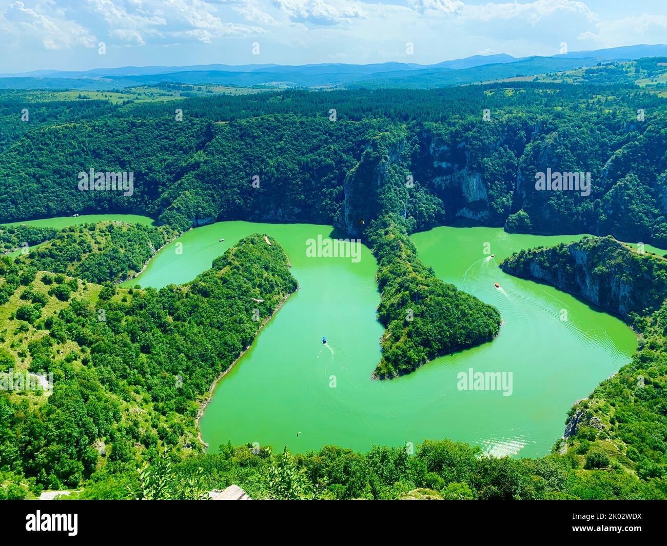 An aerial drone shot of the gorgeous canyon river Uvac in Sjenica ...