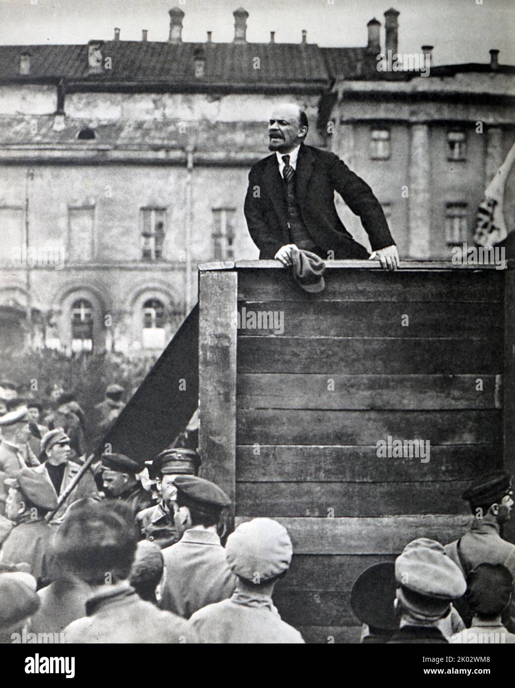 Vladimir Lenin delivers a speech at Sverdlov Square in front of troops leaving for the Polish front. Moscow, May 5, 1920. Photo by G. Goldstein. Stock Photo