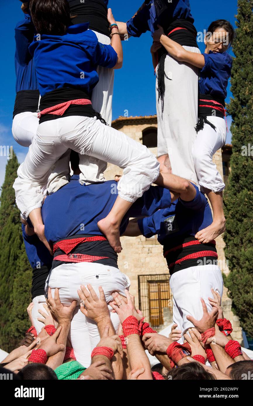 Castellers performing in Plaza Octavia in Sant Cugat del Valles in the province of Barcelona in Catalonia Spain Stock Photo