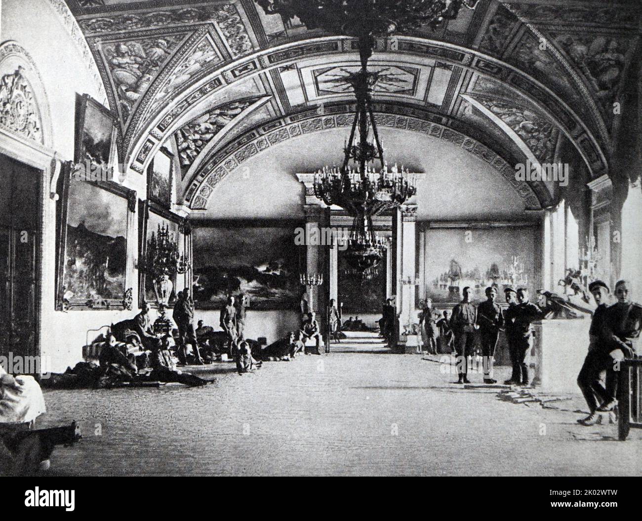 A detachment of junkers in the halls of the Winter Palace. October 1917. Photo by K. Kubesh. Stock Photo