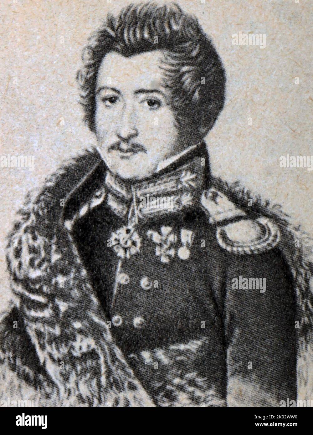 Sergei Muraviev Apostol. He was a Russian Imperial Lieutenant Colonel and one of the organizers of the Decembrist revolt. He was one of five Decembrists executed for their roles in attempting to reform the Russian autocracy towards a constitutional form of government. Stock Photo