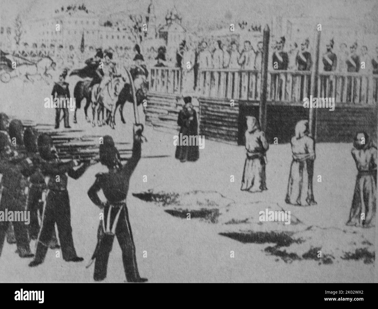 Execution of Petrashevsky followers. Petrashevsky Circle was a Russian literary discussion group of progressive-minded intellectuals in St. Petersburg in the 1840s. It was organized by Mikhail Petrashevsky, a follower of the French utopian socialist Charles Fourier. Stock Photo