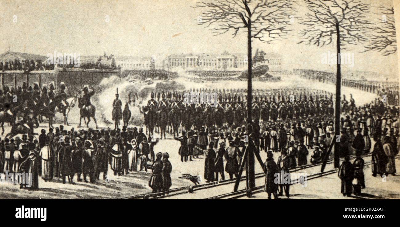 The uprising on Senate Square in St. Petersburg on December 14, 1825. From a painting by artist K. I. Kohlman. Stock Photo