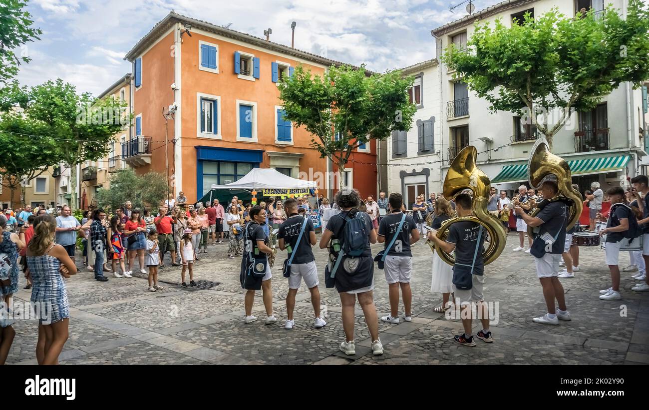 Village festival Fiesta y bandas in Coursan in the summer. Stock Photo