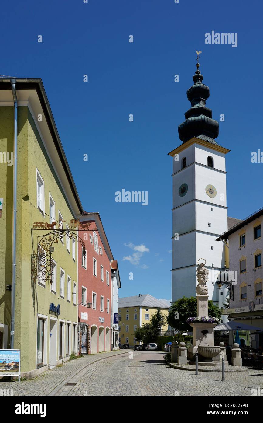 Germany, Bavaria, Upper Bavaria, Traunstein County, Waging am See, marketplace, Marian column, fountain, St. Martin parish church Stock Photo