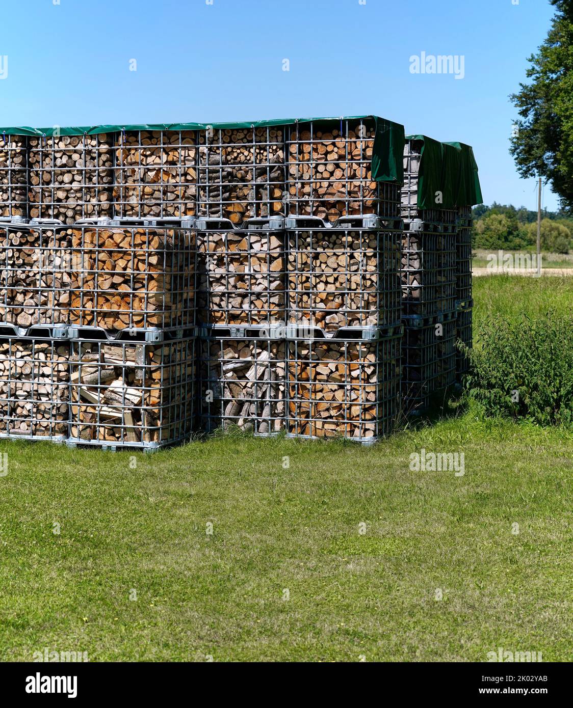 Germany, Bavaria, Upper Bavaria, farm, firewood, solid cubic meters, boxes, sale Stock Photo