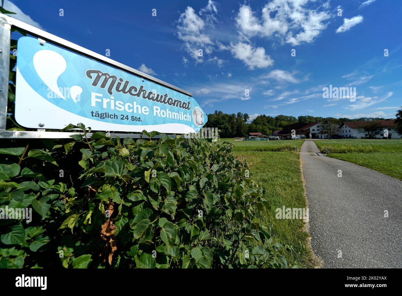 Germany, Bavaria, Upper Bavaria, farm, sign, milk machine, fresh milk from farm Stock Photo