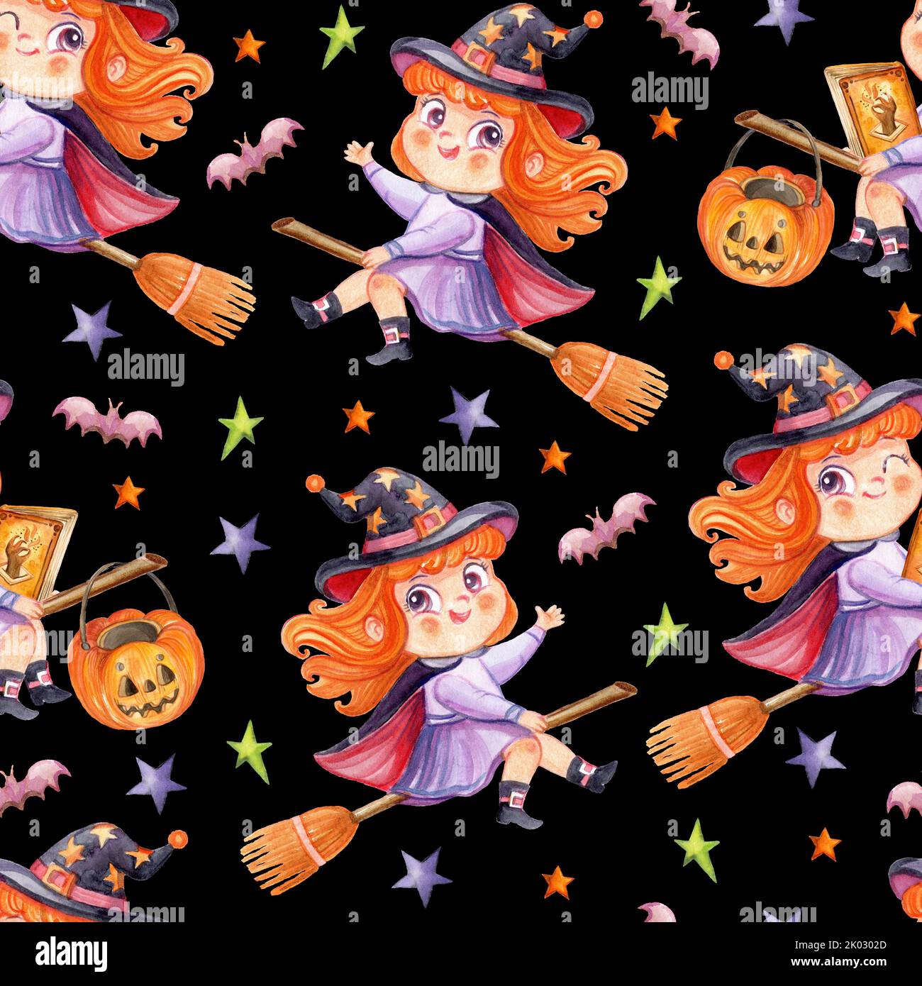Halloween seamless pattern design with cute cartoon witch flying on a ...