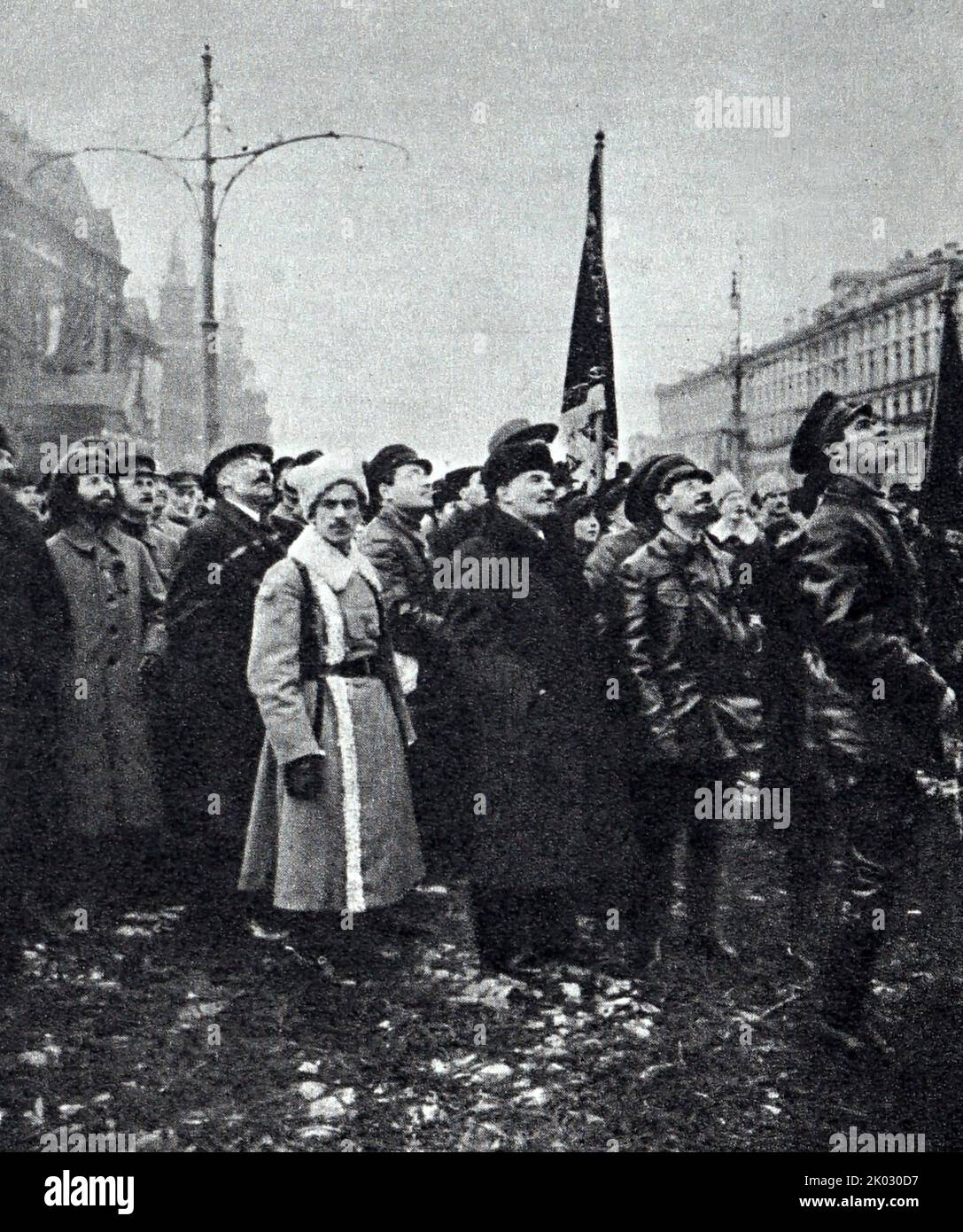 Lenin V. I. , Sverdlov Ya. M. visiting the temporary monument to K. Marx and F. Engels on Voskresenskaya Square (now Revolution Square). 1918, November 7, Moscow. Savelyev A. I. Stock Photo