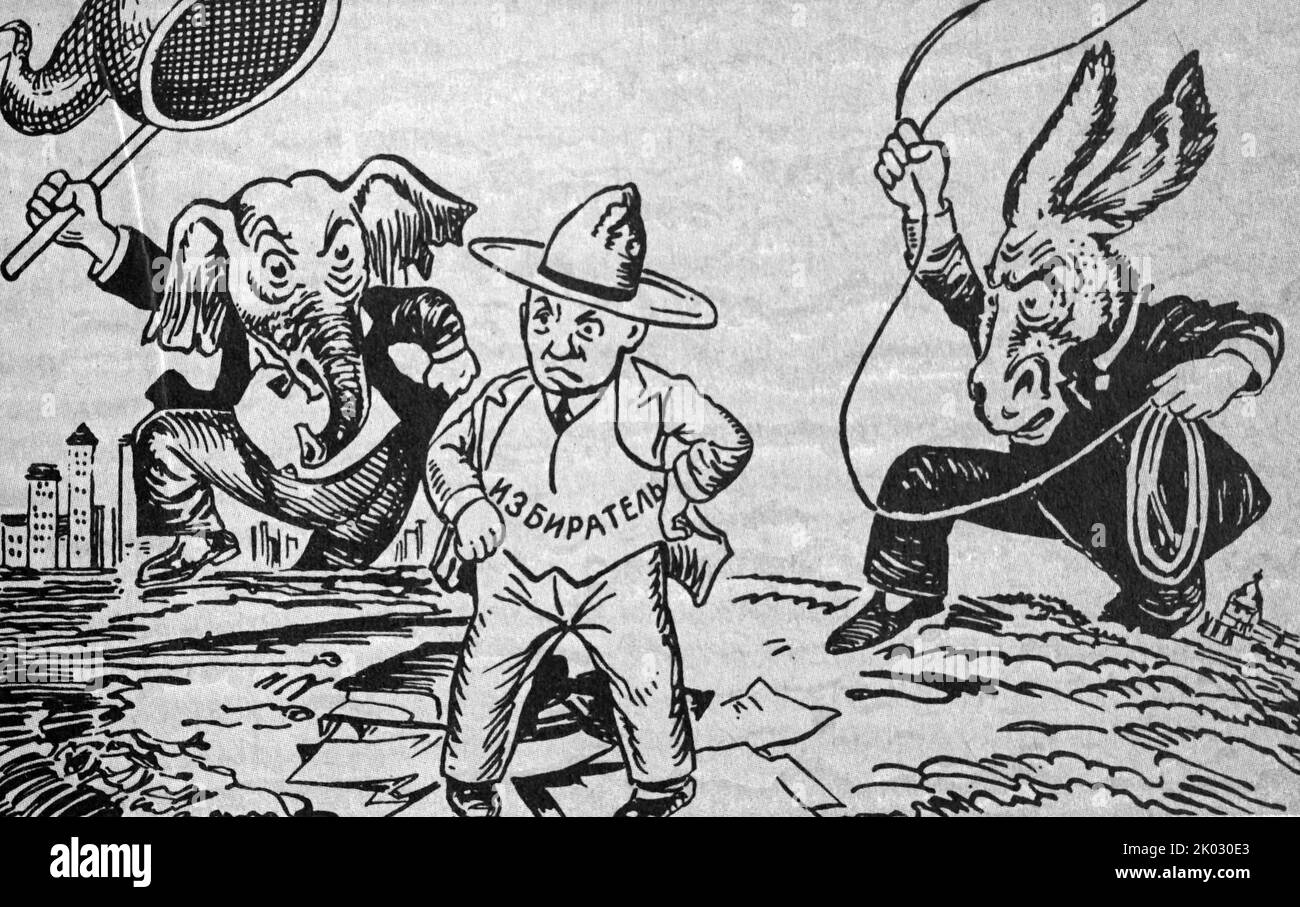 Russian communist era Cartoon on US Politics. Circa 1930. Hunt for voters. Caricature. (The elephant is the emblem of the Republican Party, the donkey is the Democratic). Stock Photo