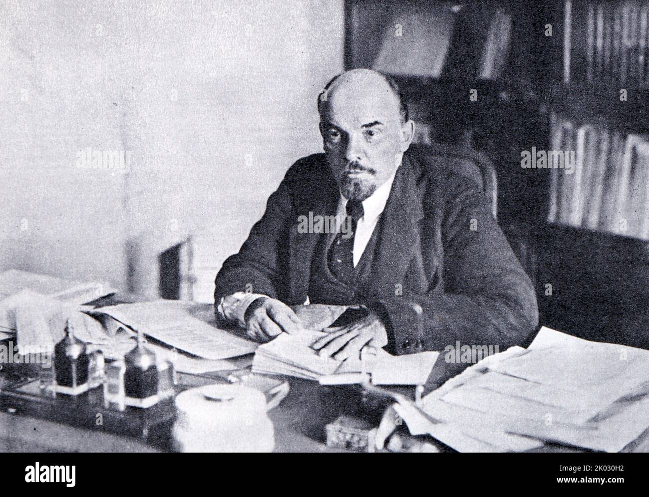 Vladimir Lenin at his desk in his office in the Kremlin. 1918, Moscow