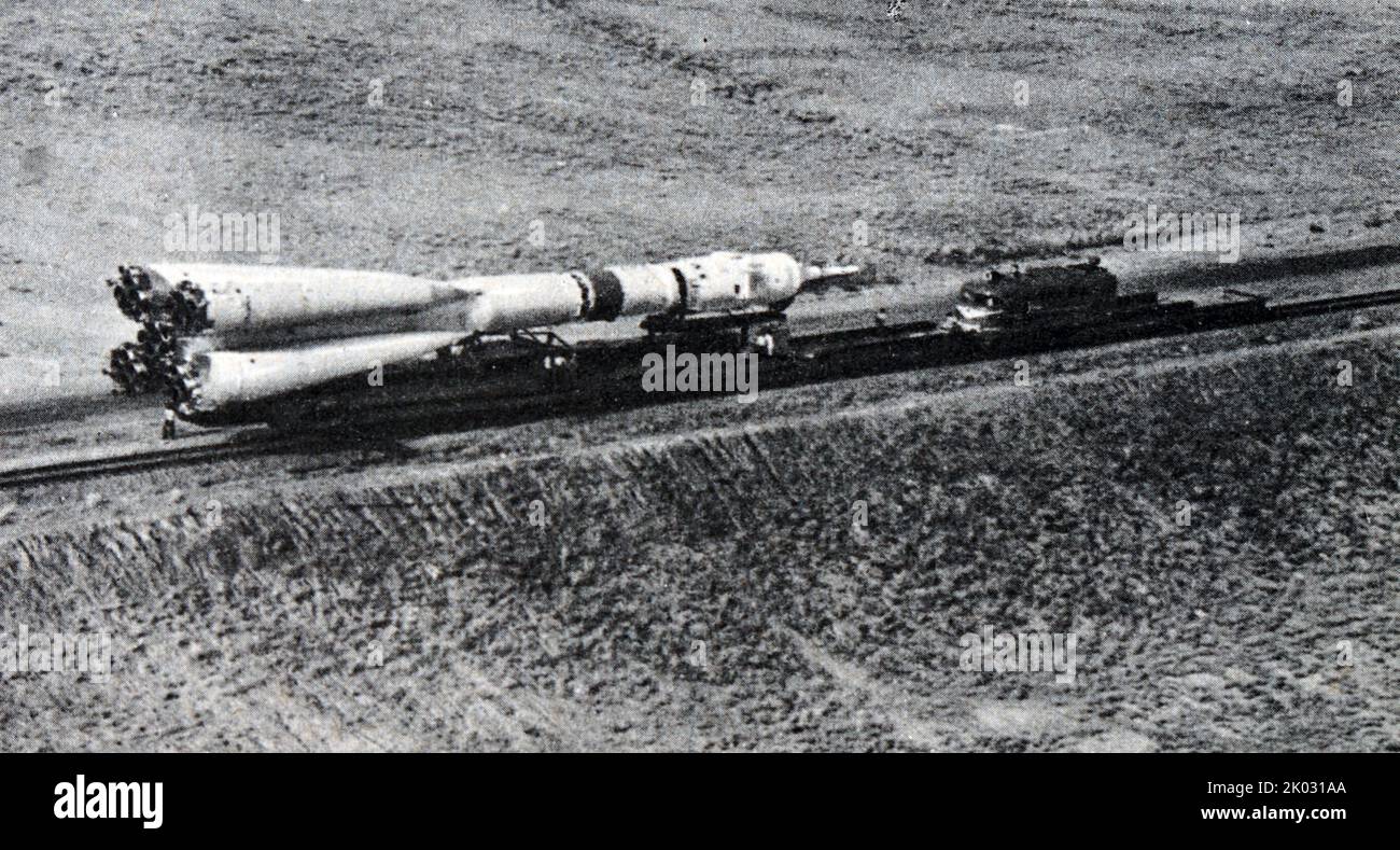Transportation of Soyuz-19 to the launch pad, 1975. Stock Photo