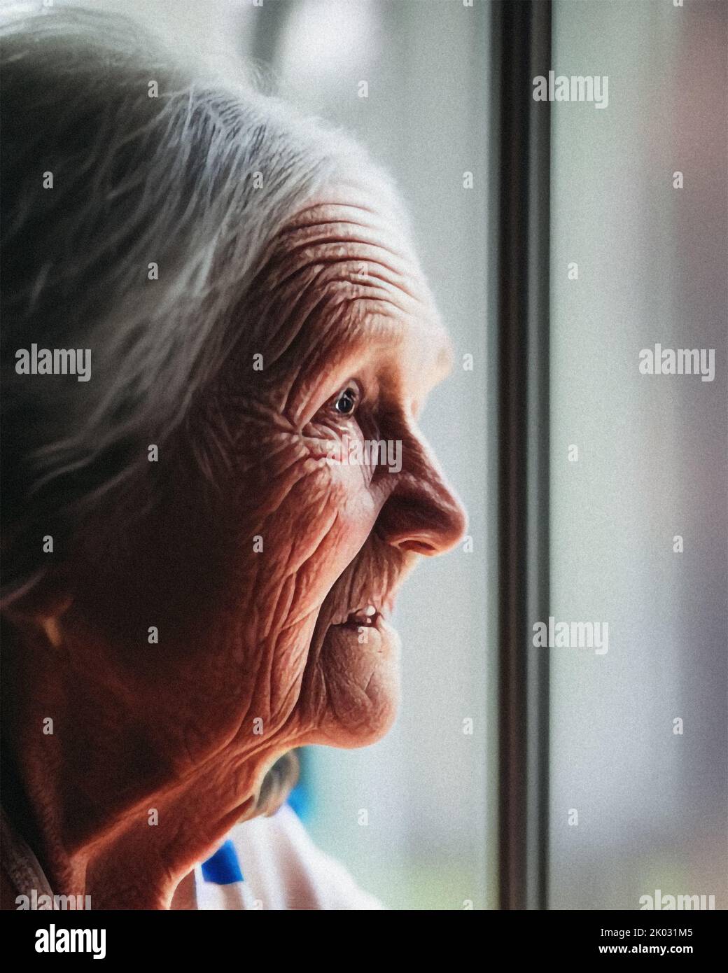 An elderly woman looking out of a window Stock Photo