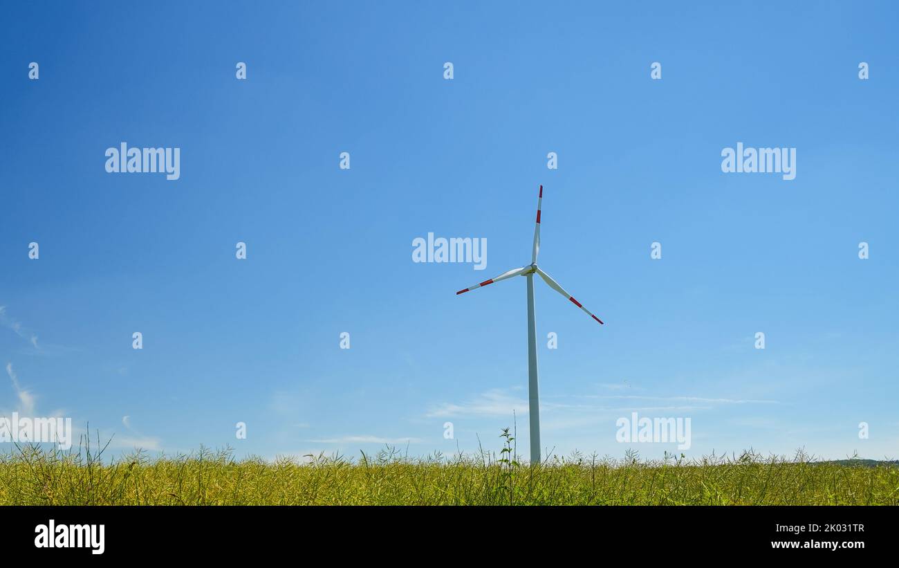 A wind turbine in a field on a clear blue sky background on a sunny day ...